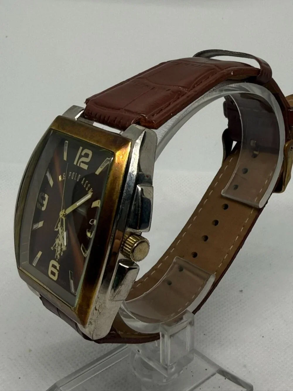 U.S. Polo Assn. Men's Rectangular Gold-Tone Watch Brown Leather Strap USC2117